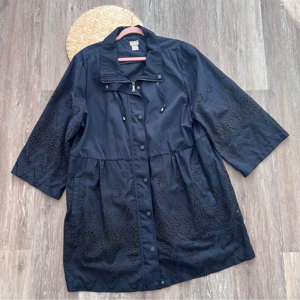 Chicos navy blue perforated trench coat 3/4 sleeves